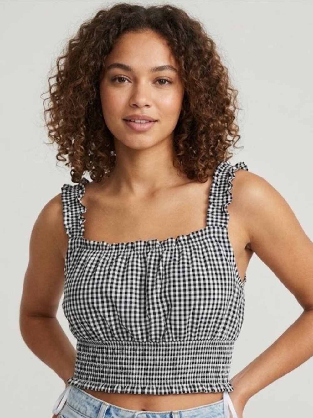 Japna Black & White Gingham Smocked Crop Top